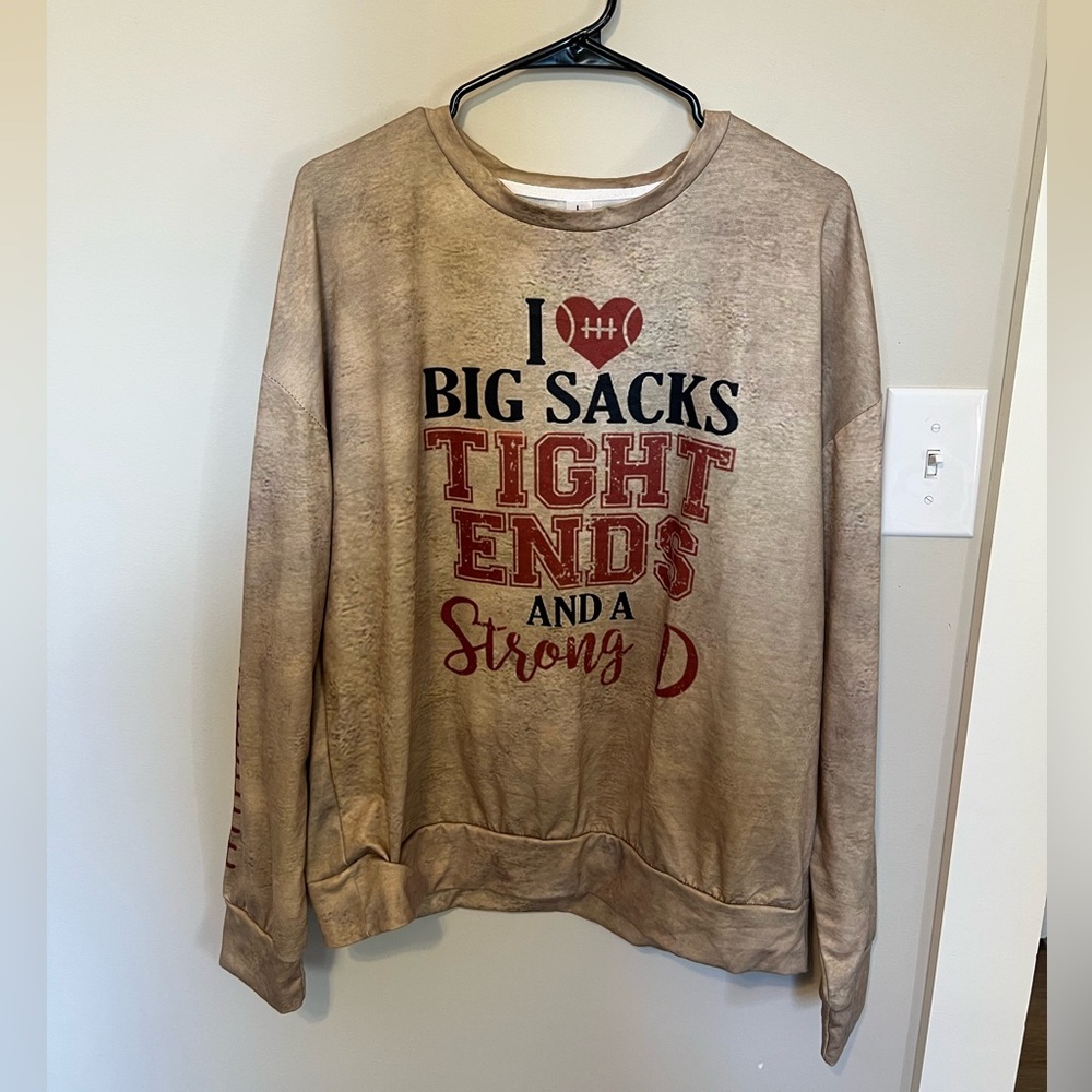 Funny Tan Graphic Sweatshirt with Red and Black Text - Picture 2 of 4